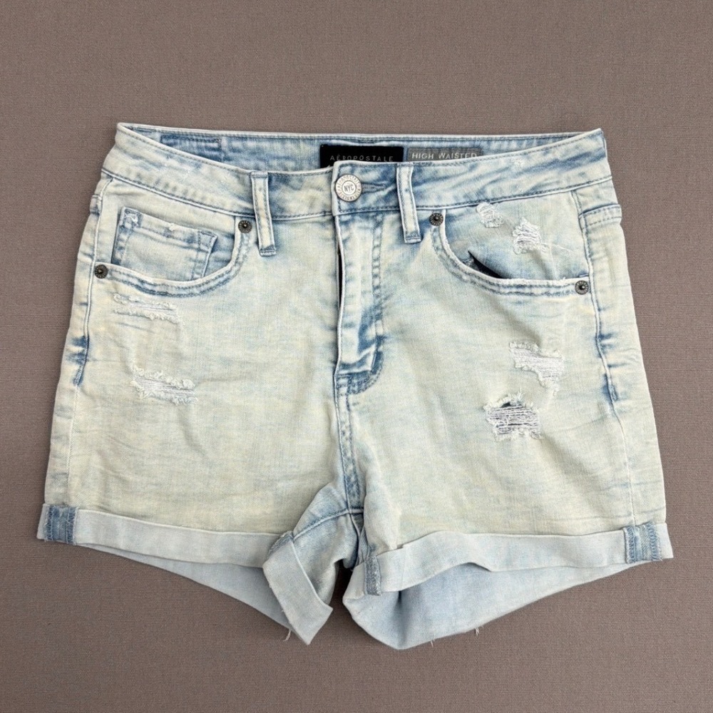 Aeropostale Mens Light Wash Distressed High Waisted Denim Shorts Cuffed Size 28‎